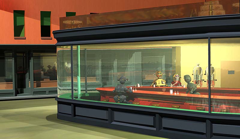 Dans un bar un robots doré se vante auprès du serveur de ses exploits Une soirée dans un bar à robots selon Edward Hopper